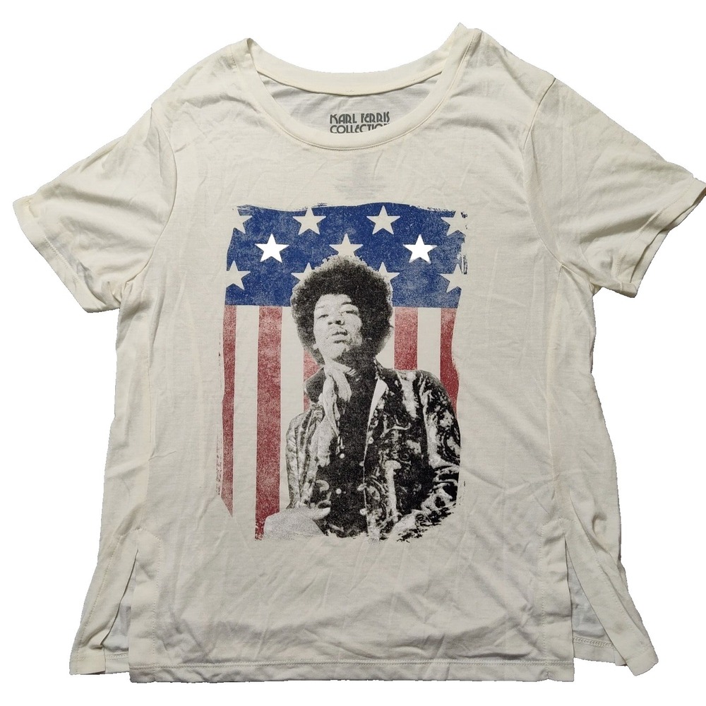JIMI HENDRIX Women Medium Star Spangled Banner USA Flag Ivory T-Shirt NEW